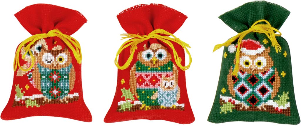 Vervaco Counted Cross Stitch Kit: Pot-Pourri Bag: Christmas Owls: Set of 3, Acrylic, NA, 8 x 12cm