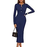 MEROKEETY Women's Bodycon Sweater Dress 2025 Fall Winter Long Sleeve Button Crew Neck Ribbed Knit Midi Work Dresses