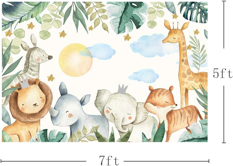 MEHOFOTO Safari Birthday Party Backdrop Jungle Wild One Animals Boy Baby Shower Watercolor Photography Background Green Leaves Cloud Sun Photo Booth Banner for Dessert Table Supplies 7x5ft - Image 5
