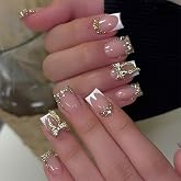 24Pcs French Tip Press on Nails Short Square Fake Nails Gold 3D Bow Nails Press Ons Glossy False Nails with Rhinestones Design White Nude Glue on Nail DIY Stick on Nail Decoration Set