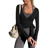 Yousify Womens Wrap Tie Tops Y2k Long Sleeve Ballet Pilates Yoga Workout Wrap Shirts Deep V Neck Casual Tops