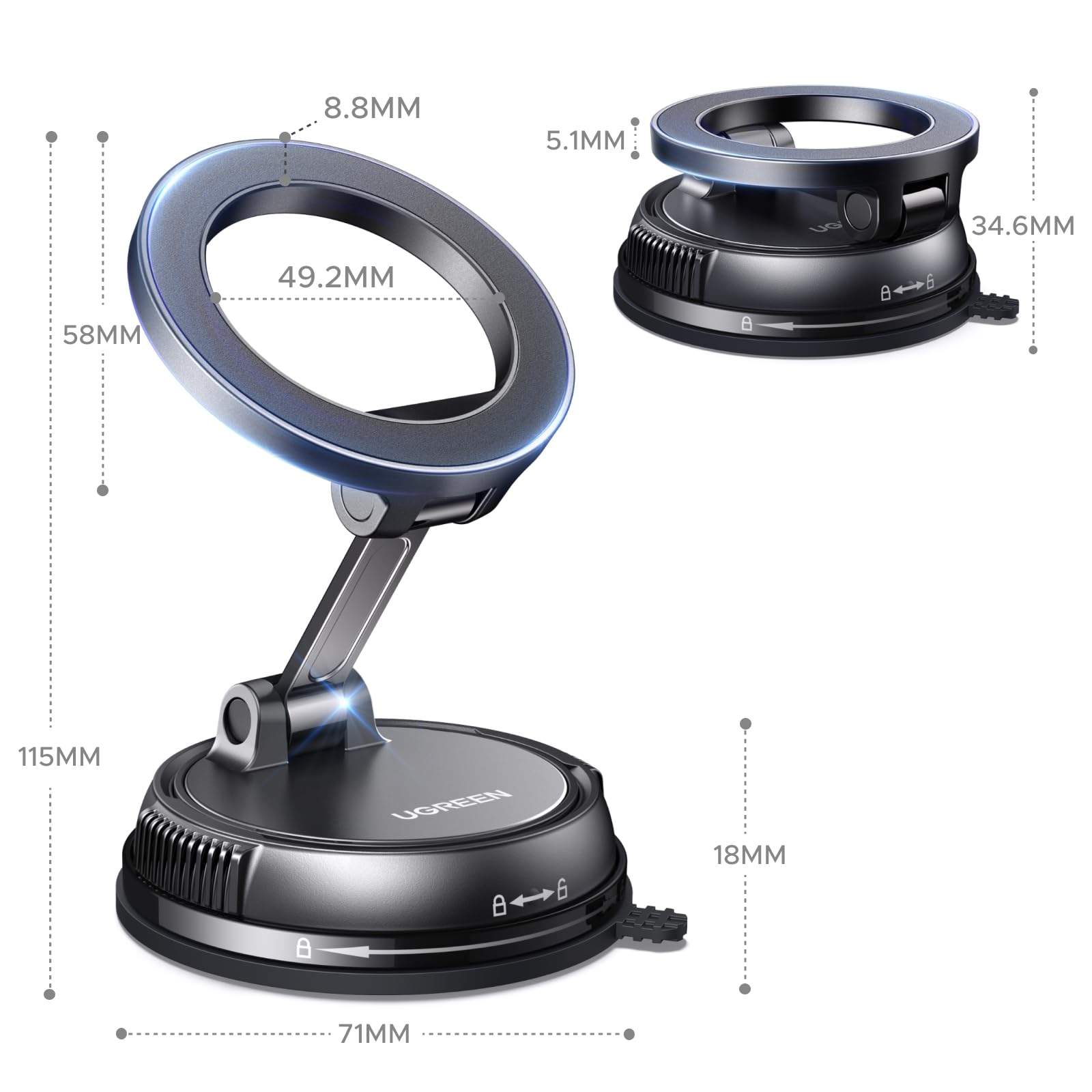 UGREEN Handyhalterung Auto für Magsafe Autohalterung mit N55 Starker Magnet, Handy Halterung Auto mit Vakuum Saugnapf & Nano-Gel-Pad Kompatibel mit iPhone 17 16 15 14 13 12 Pro Max 9