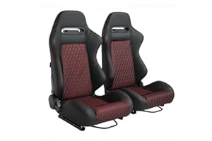 CIWUCSEAT 2 Pieces Universal Racing Seats with Dual Lock Sliders, Black PVC Leather Universal Red Diamond Shiny Mesh Fabric,22.45"*20.87"*38.58", Not Including Seat Bracket