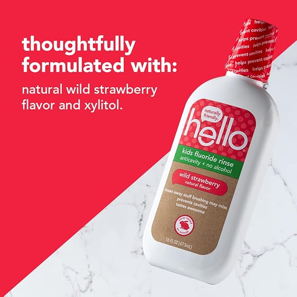 HELLO KIDS WILD STRAWBERRY NATURAL FLAVOR ANTICAVITY FLUORIDE RINSE – VEGAN, ALCOHOL FREE, AND SLS FREE MOUTHWASH FOR CHILDREN AGE 2 AND UP – 16 OUNCE (PACK OF 3)