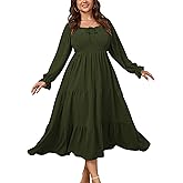 CICIDUDU Womens Plus Size Flowy Maxi Dress Long Sleeve Square Neck Smocked A Line Formal Long Dresses for Women Wedding Guest
