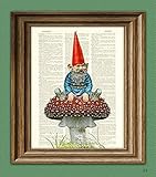 Old Garden Gnome chilling on a toadstool illustration beautifully upcycled dictionary page book art print