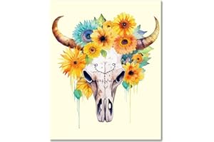 Rebotipy Paint by Number for Adult Bull Skull Paint by Numbers Sunflower Adult Paint by Numbers Kits on Canvas, 16X20 Inch Boho Style Paint by Numbers for Adults Beginner Kids
