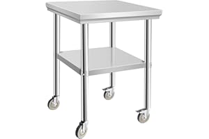 OUKIDR Heavy Duty Stainless Steel Table for Prep 24" X 24", Work Table with 4 Casters for Commerical Kitchen, Restaurant, Home and Hotel,24" X 24"