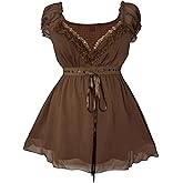 Verdusa Women's Plus Size Y2K Gothic Sheer Lace Blouse Puff Short Sleeve Shirred Ruffle Peplum Tops