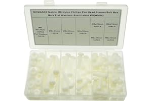 MCMASKE Metric M8 Phillips Pan Head Nylon Screws Nuts Flat Washers Assortment Kit, Screws Length:10mm to 40mm(White)
