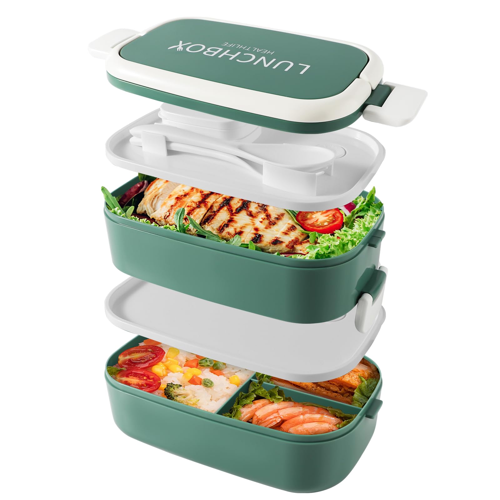 Beeptrum Bento Lunch Box Stackable,1400ml Containers with 4 Compartments and Cutlery, Leakproof 2 Layer Boxes, for Adults Kids Office, Microwave Dishwasher Safe (Green)