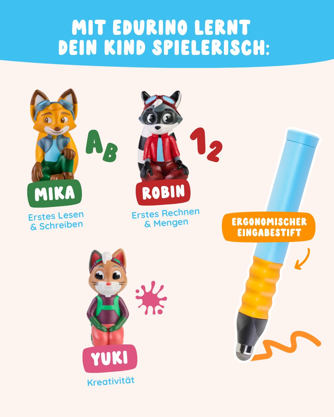 Edurino 3-in-1 Starterset | 3 Lernspiele | ab 4 Jahren | Digitales Lernspiel mit Mika Erstes Lesen & Schreiben, Robin Erste Zahlen & Mengen, Yuki Kreativität inkl. Stift 3