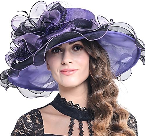 Women Floral Wide Brim Church Derby Kentucky Dress Hat (4 Colors) (S042-Purple with Black)