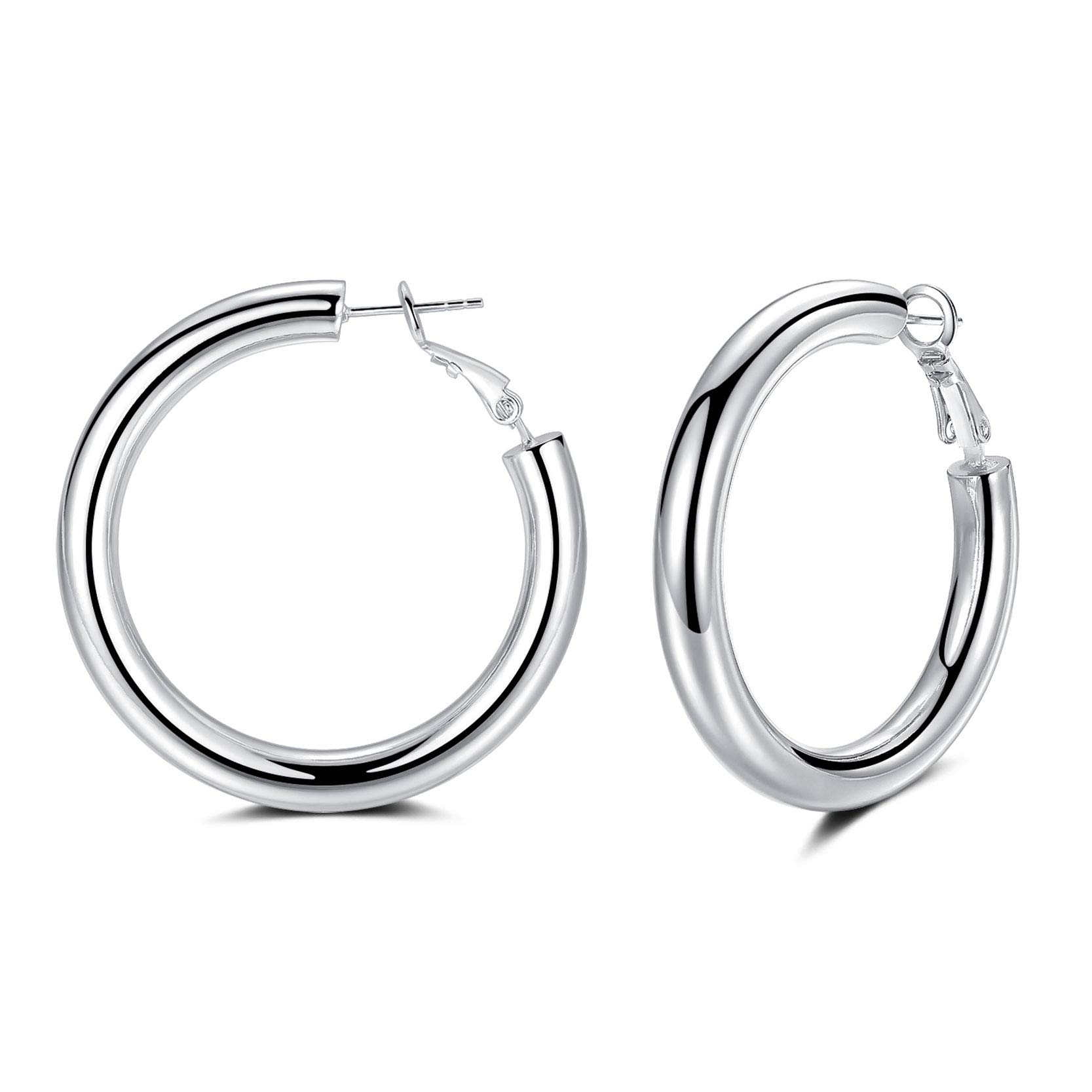 Silver Hoop Earrings for Women, 14k White Gold Plated Chunky Lightweight Hoop Earrings, 5mm Thick Hoops | Tube Loop Earrings Jewelry Gifts for Girls, 40mm