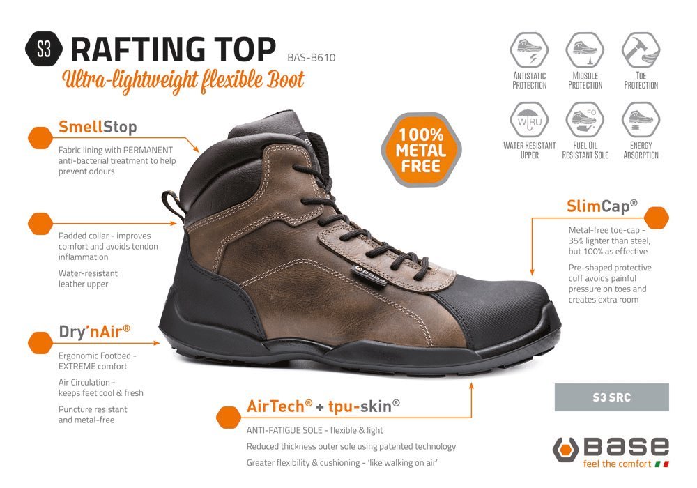 BASE PROTECTION BASB61065 Rafting Top Safety Boots, Brown, 6.5 (UK