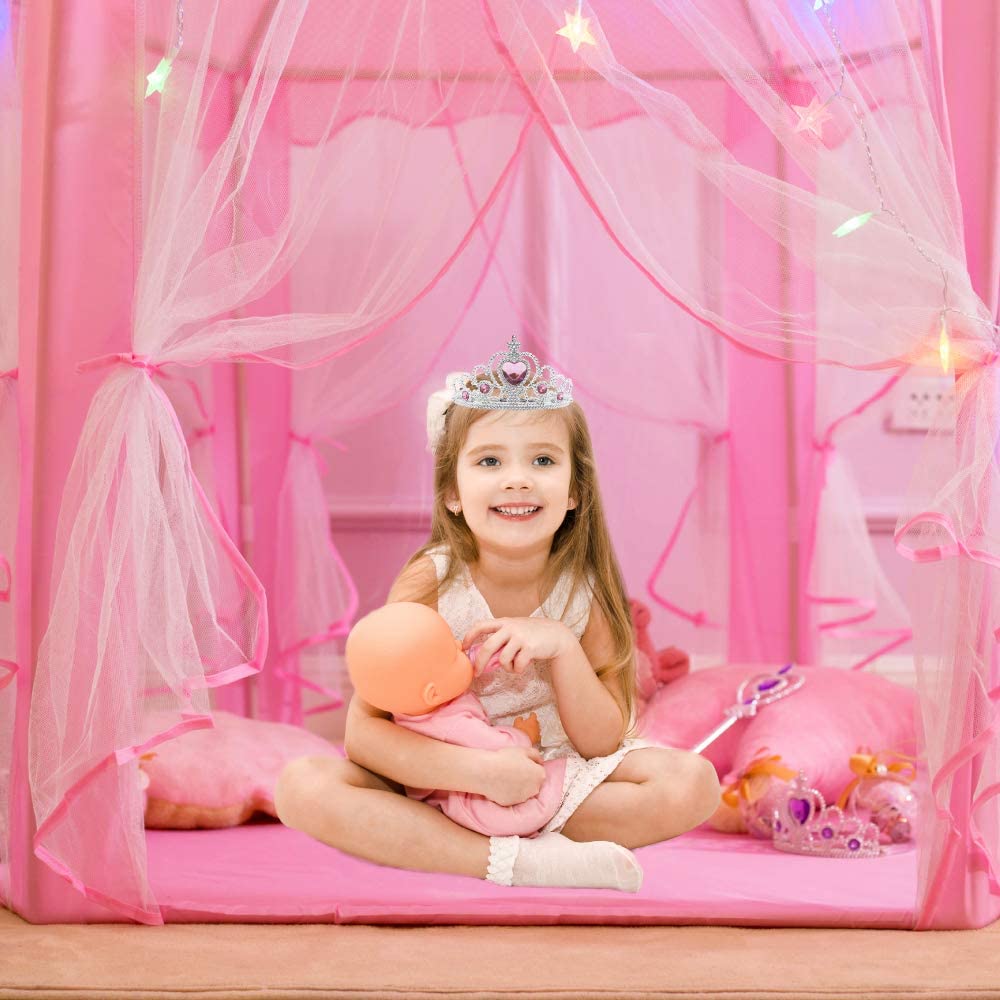 Princess Tent Girls Large Playhouse Kids Castle Play Tent with Star Lights, Bonus Princess Tiara and Wand Toy for Children Indoor & Outdoor Games, 55