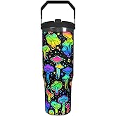 Mushroom Tumbler with Top Handle Lid and Straw Insulated Water Bottle with Travel Mug for Cars Cup Coffe Mugs for Men Women Drink Hot and Cold (Colorful, 30oz)