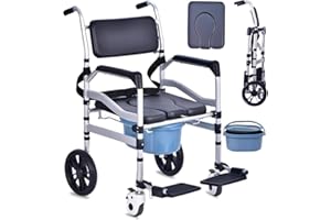 Goyappin Rolling Shower Chair with Wheels for Elderly & Disabled, Lightweight Foldable Wheelchair with Commode, Bedside Commo