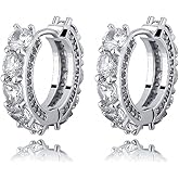 Men's Women's Elegant Fully Iced Cz Unisex White Gold Plated 925 Sterling Silver Post Hoops Big Stone Cubic Zirconia For Sensitive Ears Hypoallergenic 12mm Huggie Hoop Earrings Jewelry Gift For Men And Women