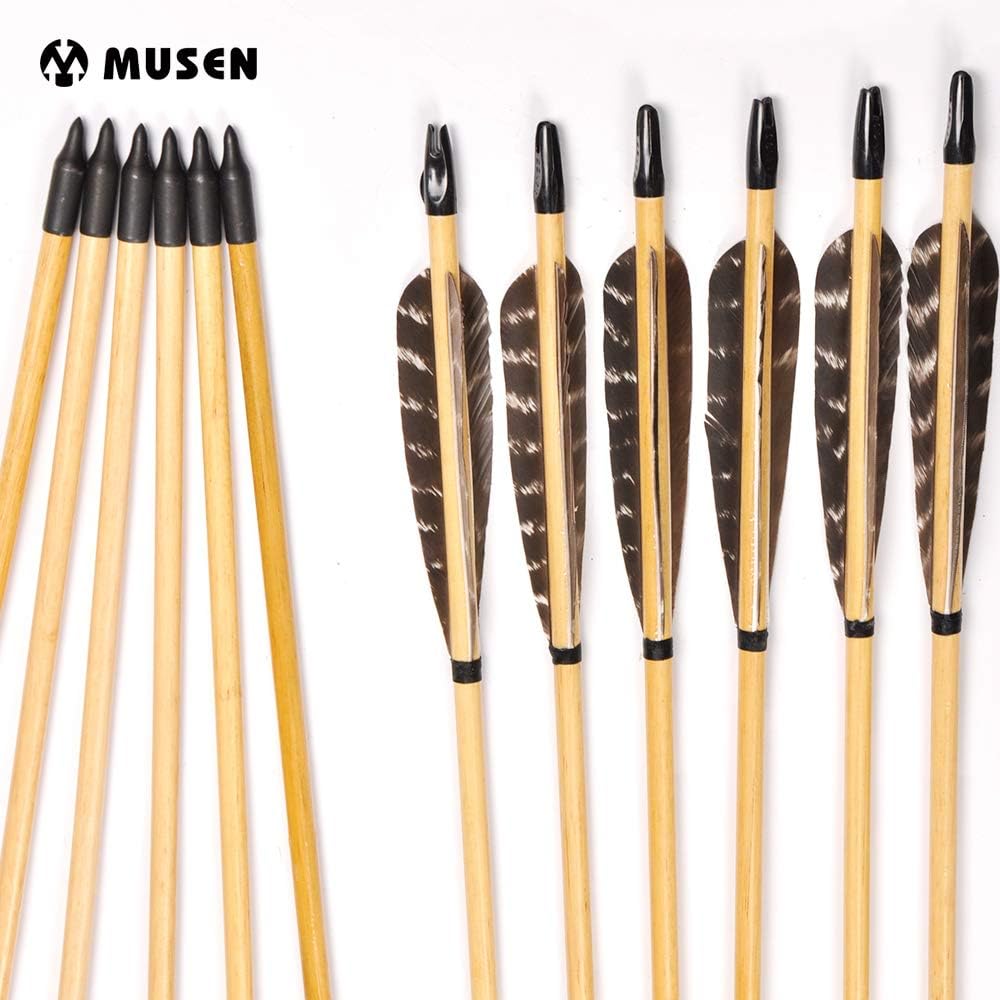 Musen Archery Wooden Arrows 80cm Wood Shaft Traditional Pheasant Hair Turkeys Feather for Recurve Bow Long Bow