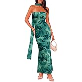 LUXVEER Women's Strapless Tube Dress Mesh Floral Summer Bodycon Long Maxi Cocktail Party Wedding Guest Dresses with Scarf