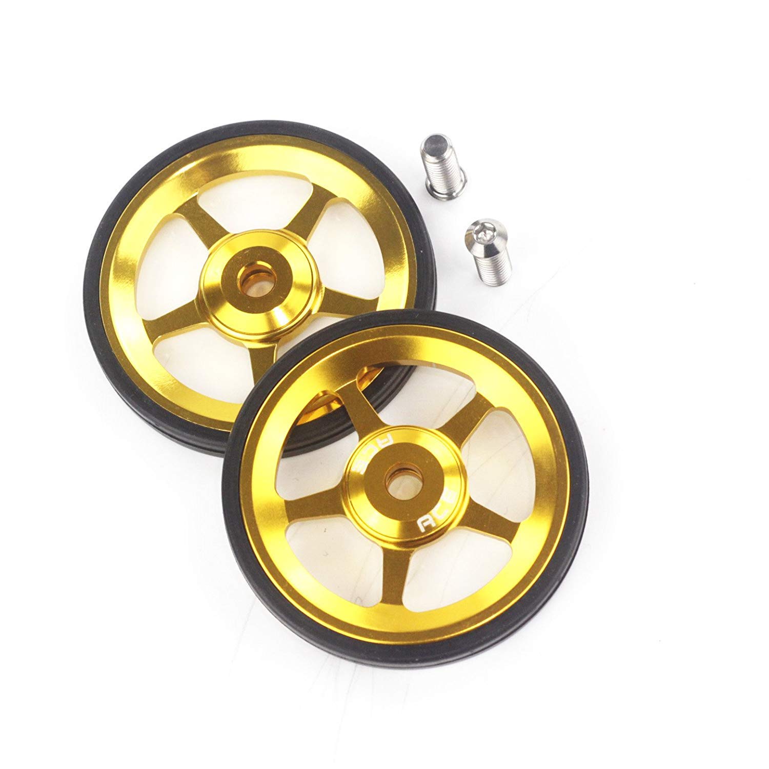ACEOFFIX 2pcs ACE Alloy Easy Wheels Easywheel & Titanium Bolts For Brompton Folding Bike Dino Kiddo(gold