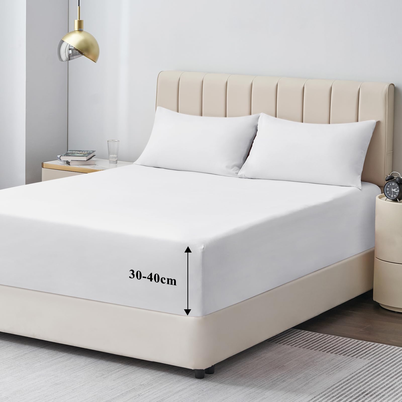 Aisbo Double Fitted Sheet White - Extra Deep Pocket Bed Sheet 16 inch 40 cm - Microfiber Bottom Sheet, 135x190cm