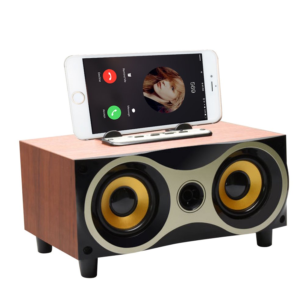 Desktop Portable Wooden Wireless Bluetooth Surround Sound Speaker Systems Support TF MP3 Player with FM Radio, Phone Holder for iPhone Android by Sysmarts