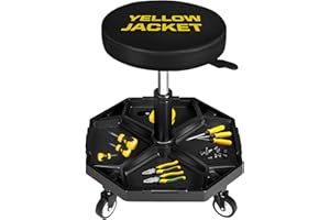 YELLOW JACKET Rolling Garage Seat Adjustable Pneumatic Shop Creeper Seat 300Lbs Mechanic Stool with Wheels and Removable Tool Tray Storage Workshop Chair for Auto Repair