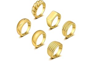 WFYOU 6PCS 18K Gold Plated Thick Dome Chunky Rings for Women Girls Braided Twisted Signet Chunky Gold Ring Set Minimalist Statement Ring Jewelry Size 5-10