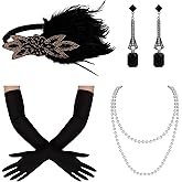 Hotalisona 1920s Great Gatsby Flapper Accessories Set for Women, Black Feathers Flapper Roaring 20s Headpiece Headband Dresses Pearl Necklace Gloves 20s Costume Accessories Set