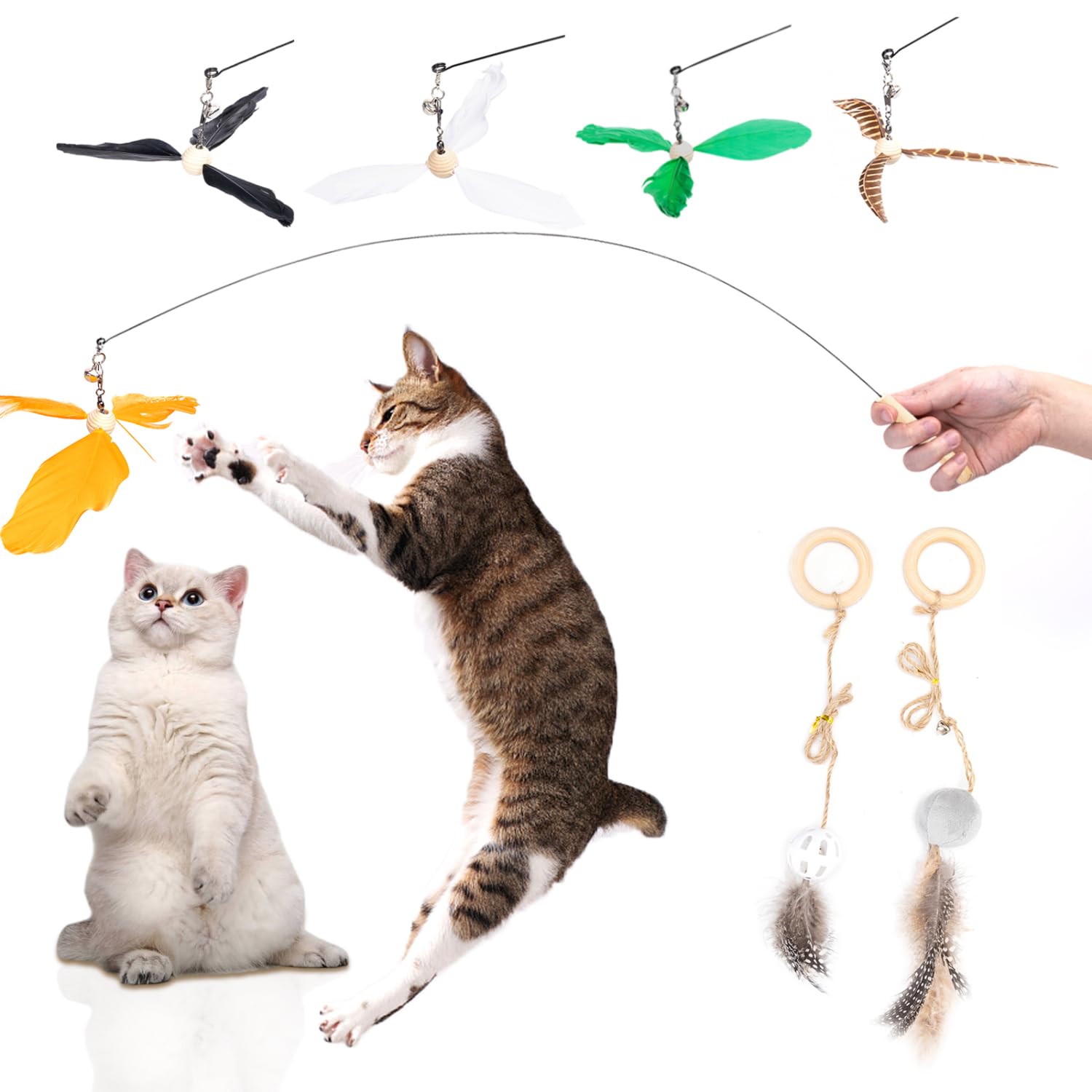 Nobleza Cat Feather Toys 8PCS Cat Toys for Indoor Cats Adult Kitten, Interactive Kitten Teaser Wand Toy, Cats Fishing Rod with 5 Feather Refills 2PCS Ring Toy with Bell