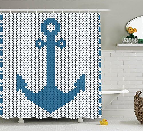 Fhddk Anchor Decor Collection, Knitted Embriodery Needlework Stitch Style Digital Anchor Design Security in the Sea Icon, Polyester Fabric Bathroom Shower Curtain, Teal White