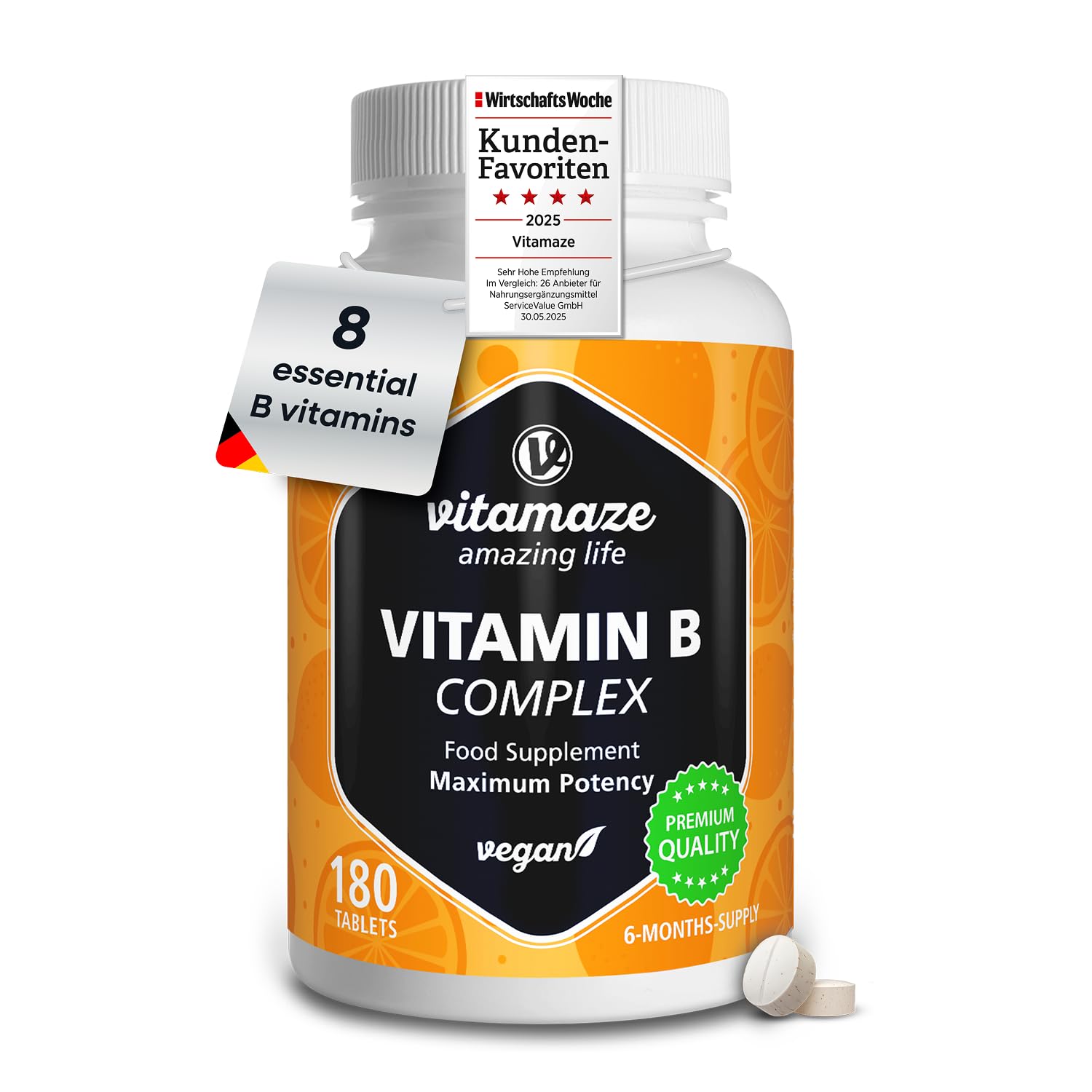 Vitamin B Complex High Strength for 6 Months - All Vitamin B Group B1, B2, B3, B5, B6, B7, B9, B12, Natural & Organic Supplement Without Additives, German Quality