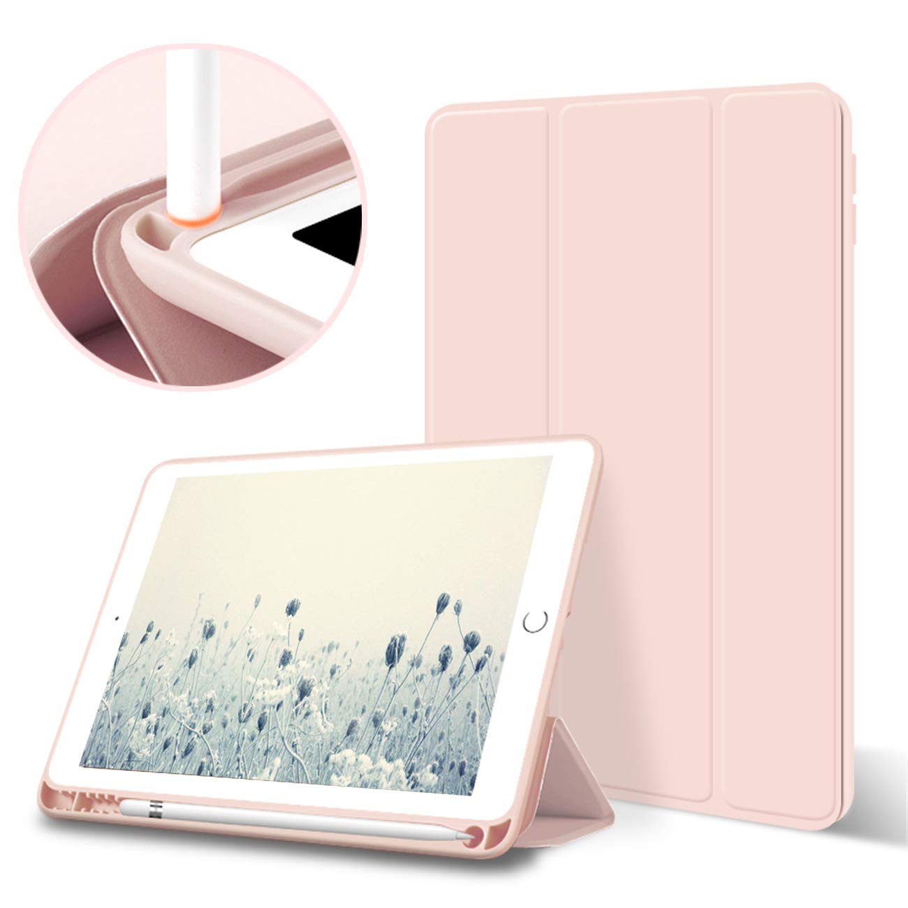 aoub Case for iPad 9th Generation/iPad 8th Generation/iPad 7th Gen, Case with Pencil Holder for iPad 9/8/ 7 Gen 2021/2020/2019 10.2 inch, Auto Wake/Sleep, Soft Silicone Cover, Pink