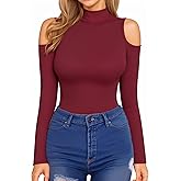 HERLOLLYCHIPS Mock Neck Tops for Women Cold Shoulder Long Sleeve Ribbed Knit Tight Stretchy Sexy Dressy Casual T-Shirts