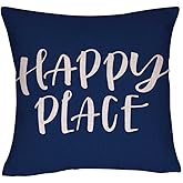 DECOPOW Happy Place Throw Pillow Cover, Decorative Throw Pillow Case Square 18X18 Inches with Happy Place Text (Navy)