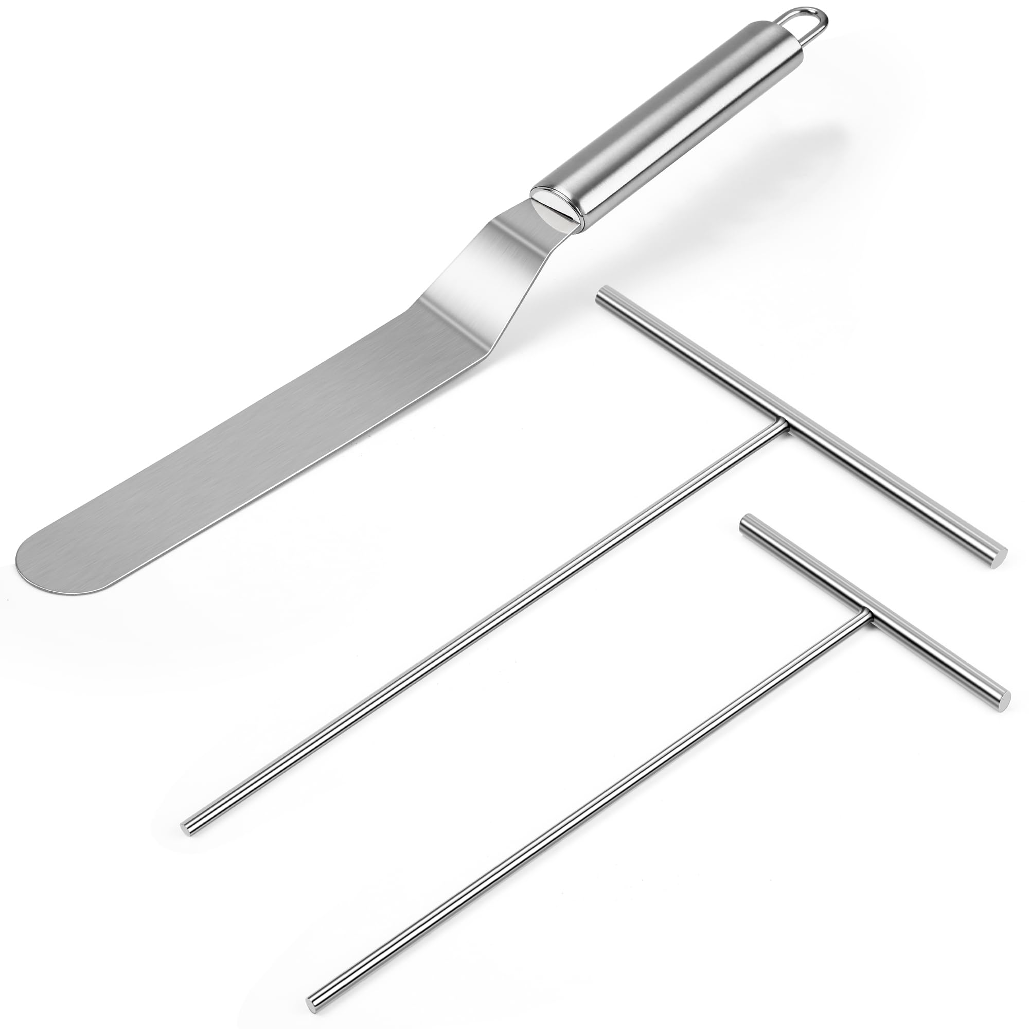 Photo 1 of Crepe Spreader and Spatula Kit, Metal Handle Curved Offset Spacula 12", Stainless Steel 7" & 5" T-Shaped Batter Spreaders, Pancake Tool, Crepes Turner Sticks Fit Any Crepe Pan Maker, Pack of 3