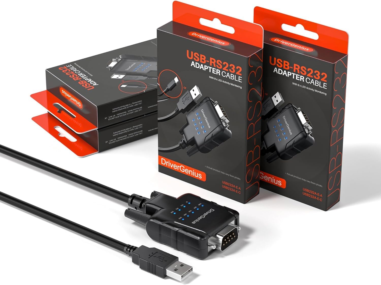 DriverGenius SerialPulseX Serie | USB2.0 to Serial DB9 Converter with 9 x LED Data Monitoring - PL2303 Chip For Embedded Developers & Hobbyists - Windows 11, macOS 15【USB232A-E-A, 4-Pack】