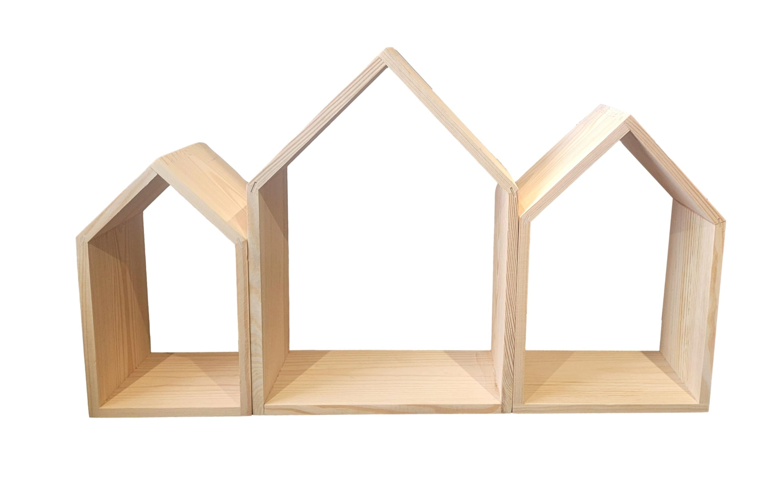 Wooden World - Wooden Shelves Shelf Plain Wall Hang Shape Of House Pine Wood Set of 3