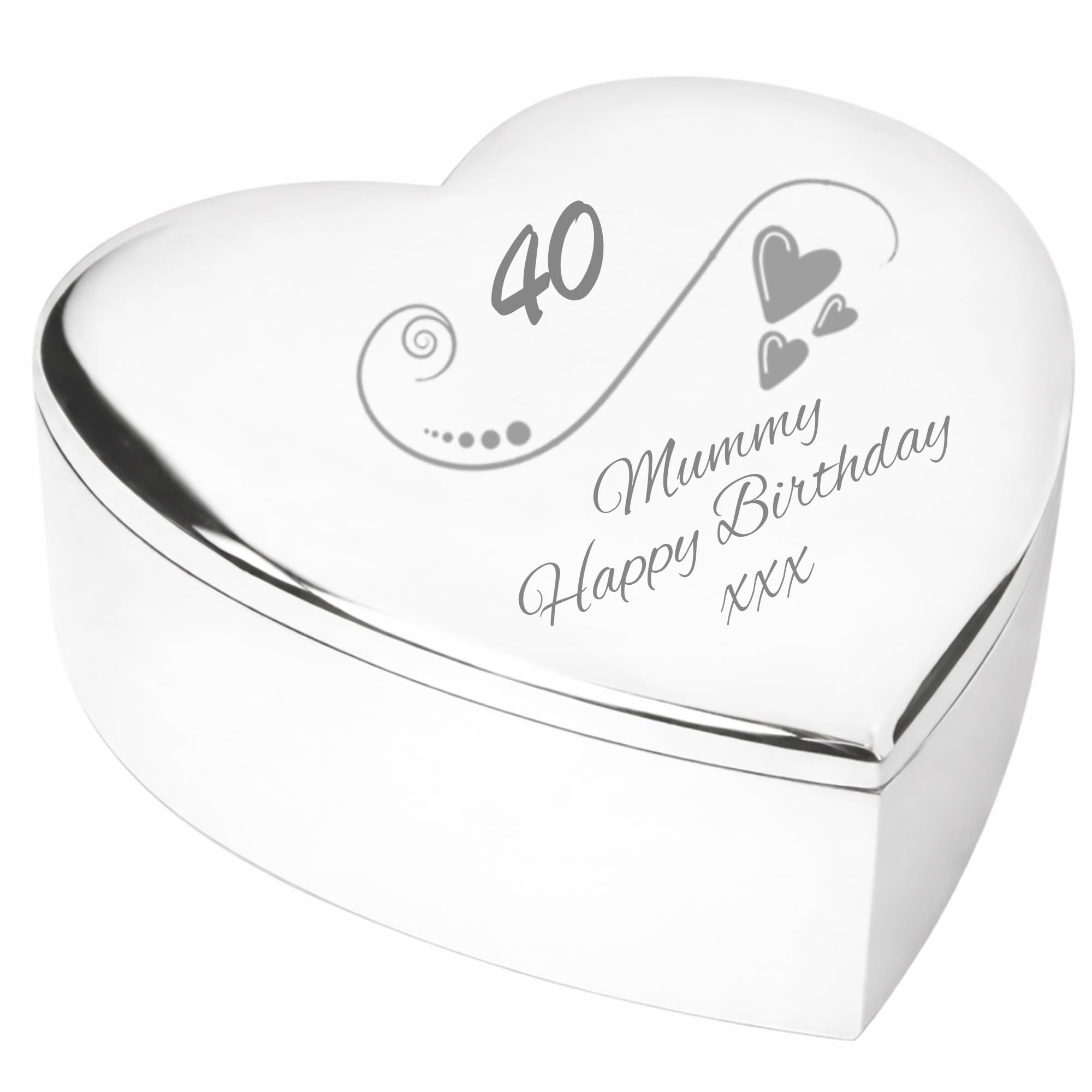 40 40th Fortieth Mummy Happy Birthday Silver finish Engraved Heart Shaped Trinket Box
