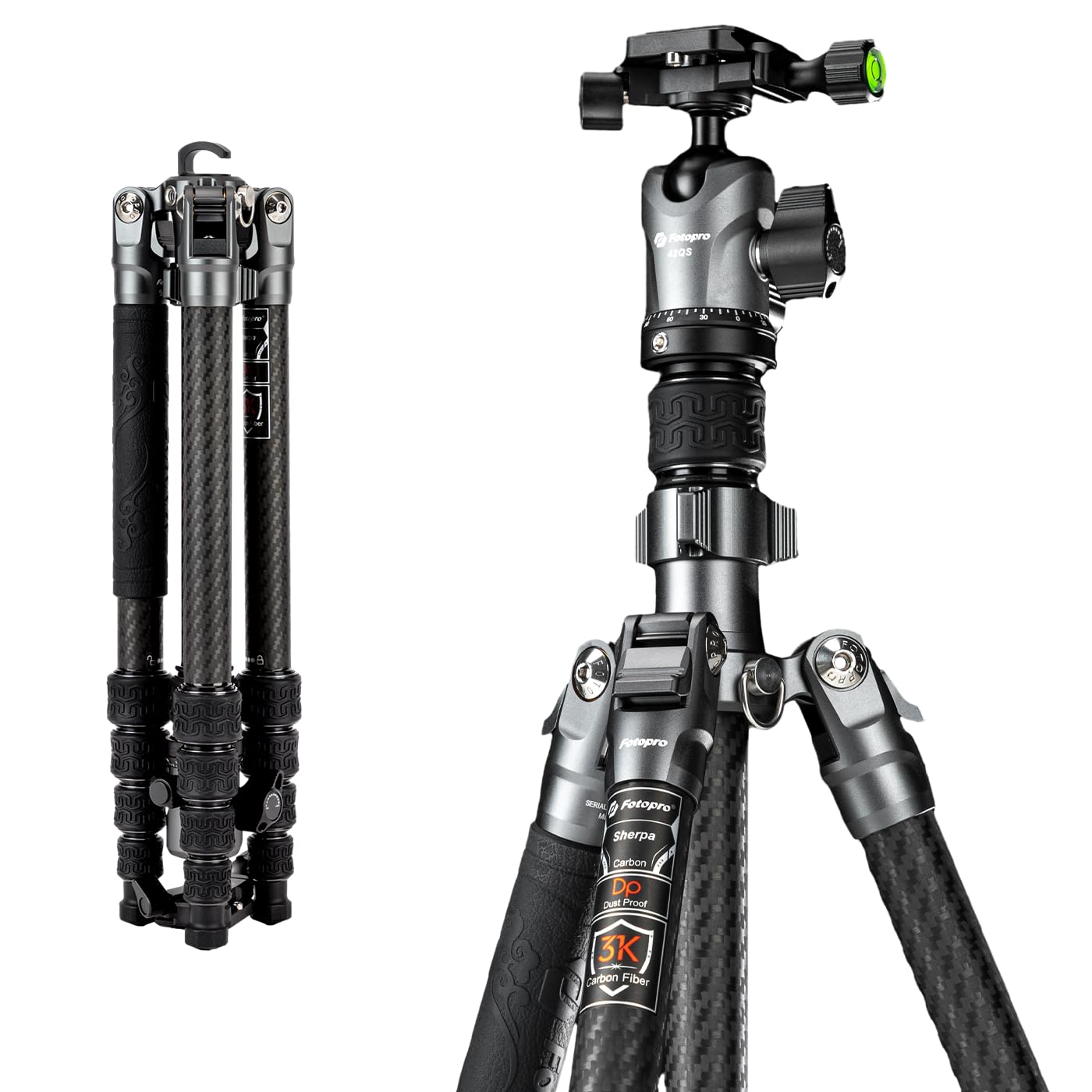 Fotopro 60'' Carbon Fiber Tripod, Compact Travel Tripod for DSLR Camera, with Ballhead Quick Release Plate Carry Bag, with Detachable Monopod, Max Load 10kg. Sherpa Series (sliver grey, 60 inch)
