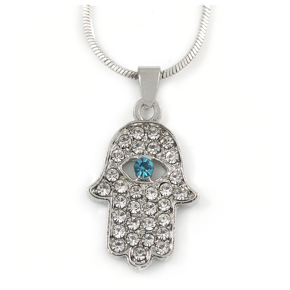 Avalaya Crystal Hamsa Hand Pendant with Silver Tone Snake Type Chain/ 40cm Long/ 5cm Ext