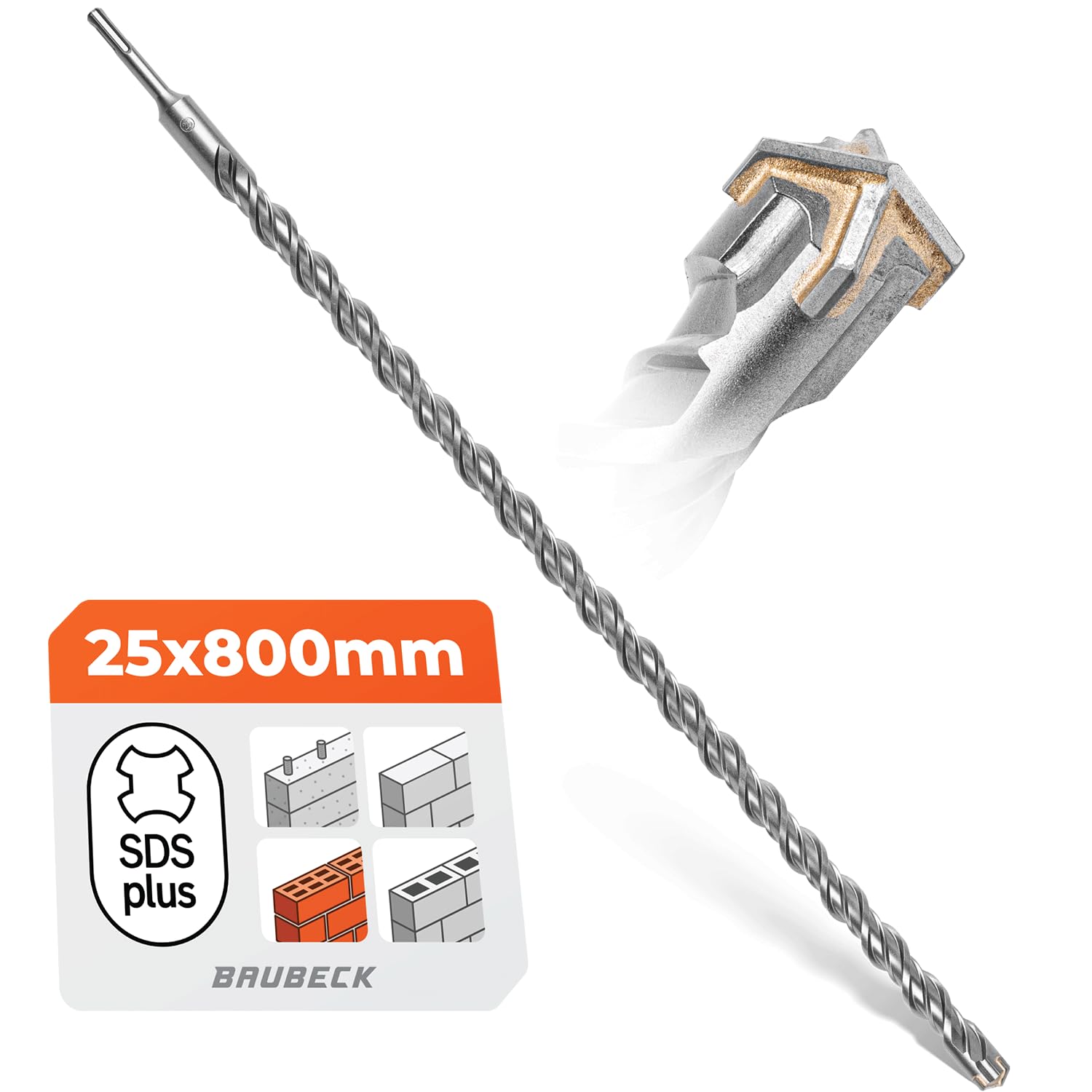 BAUBECK SDS Plus Drill Bit 25 mm x 800 mm Long for Concrete and Stone - Premium 40CR Steel, Durable - 4 Cutting Masonry Drill Bits 25 mm for Best Results - SDS Plus Drill Bit 25 mm Concrete Drill Bit
