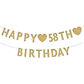 Gold Happy 58th Birthday Banner, Glitter 58 Years Old Woman or Man Party Decorations, Supplies