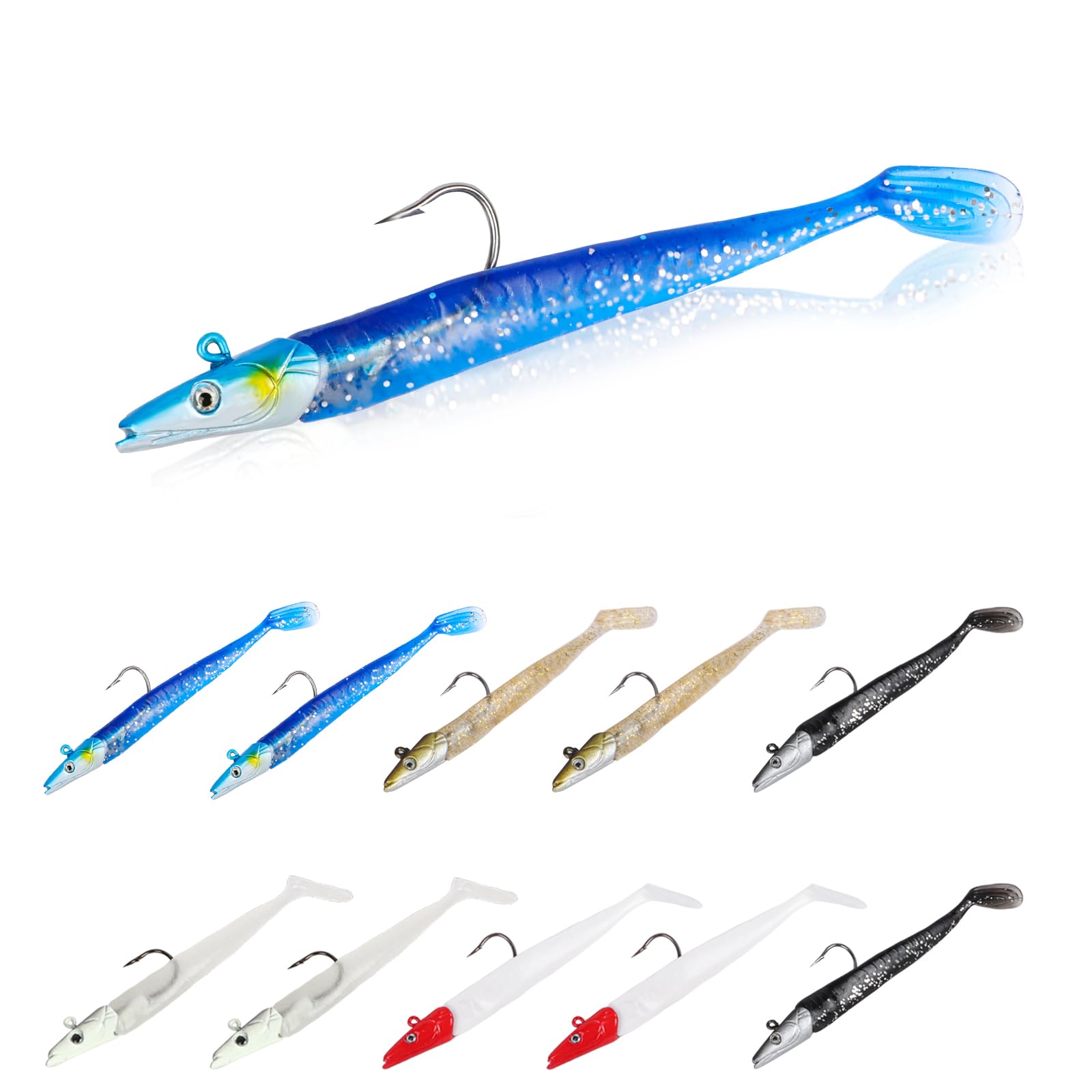 Minicoco Fishing Lures with Jigs Head Soft Sea & Freshwater Fishing Tackle - T Tail Soft Baits for Bass, Pike, Trout - 11cm, 10Pcs