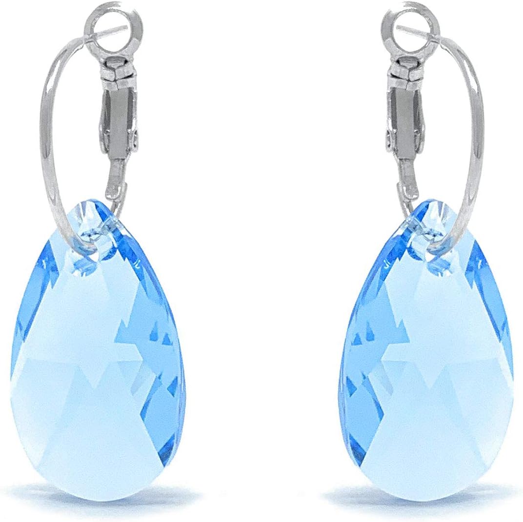 Drop Earrings with Blue Aquamarine Pear Crystals from Swarovski Silver Toned Rhodium Plated