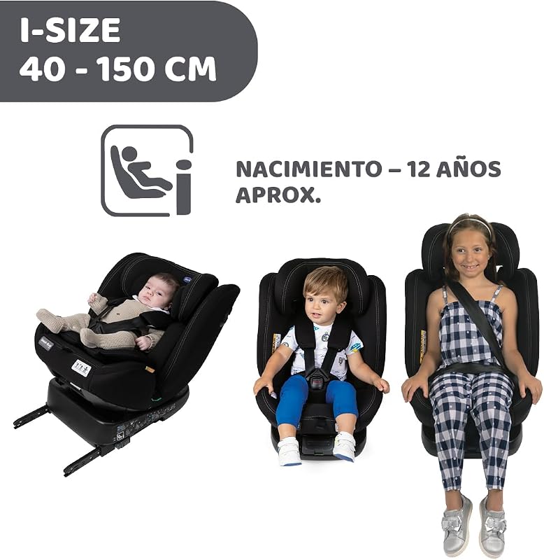 Unico Evo I-Size, Kindersitz 0-36 Kg, für Kinder von 40 bis 150 cm, homologiert ECE R129/03, Isofix 360° drehbar und neigbar, Gruppe 0+/1/2/3 von 0 bis 12 Jahren, Schwarz