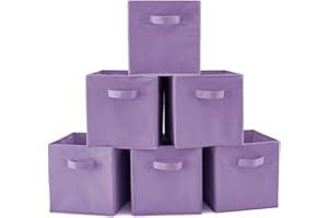 EZOWare Set of 6 Foldable Fabric Basket Bins, 10.5"x10.5"x11" Collapsible Storage Organizer Cube with Handle for Kids Clothes Baby Nursery - Purple