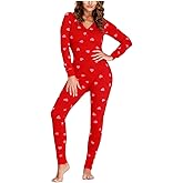 iTranyee Women Bodycon Pajama Jumpsuit V Neck Heart Print Onesie Pajama Sexy One Piece Button Down Valentines Bodysuit